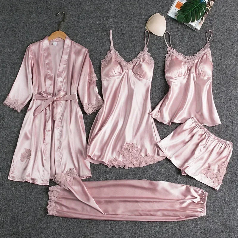 5-piece Set of Women's Sleepwear Sexy Silk Nightgown Lace | SAMAG