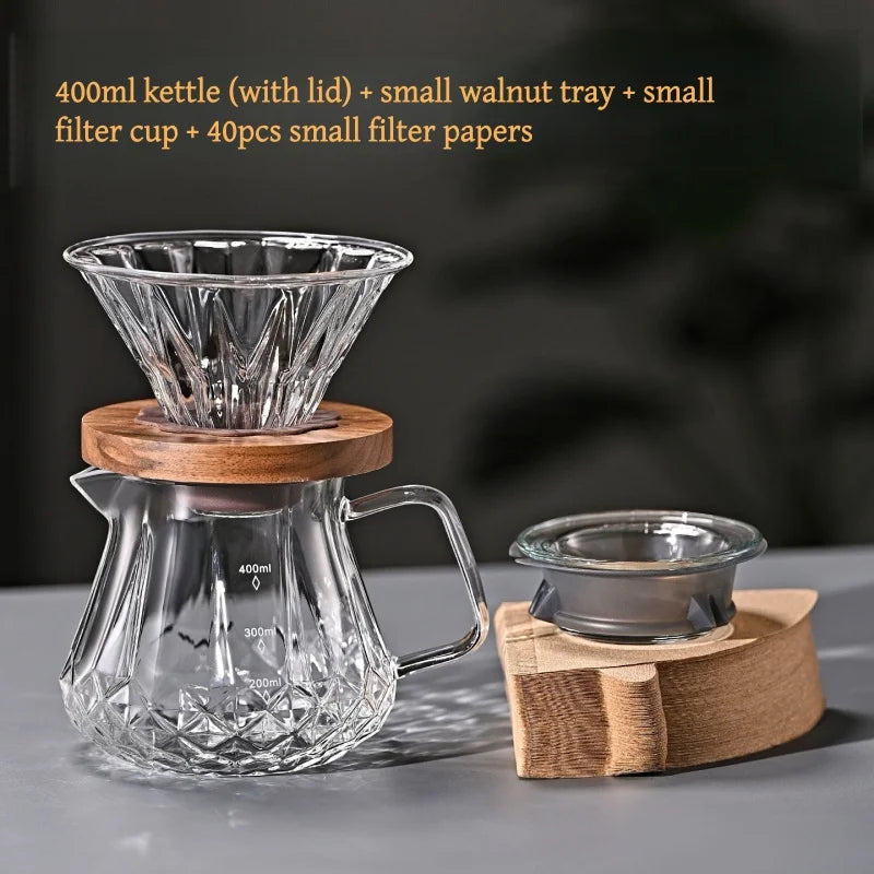 JUSTINLAU Hand Drip Coffee Pot Set High Borosilicate Glass Coffee Brewing Pot Espresso Filter Cups Household Coffee Accessories