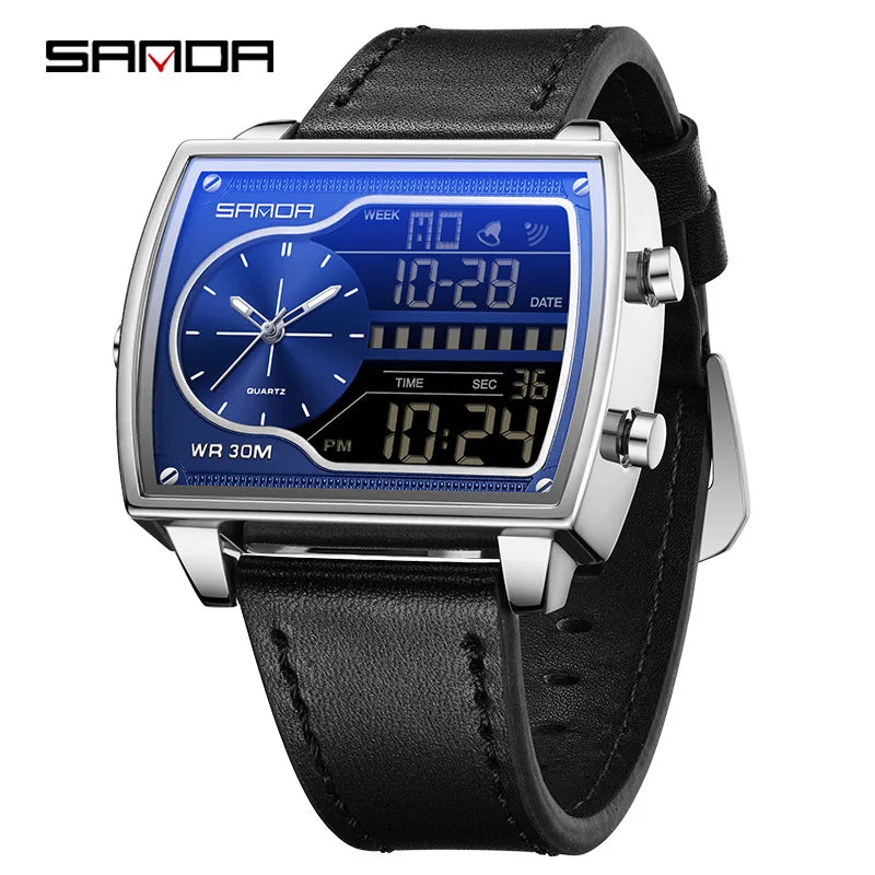 Sanda Men's Watch Fashionable Multifunctional Luminous Waterproof，Three Time Zones, Alarm Clock, Dual Display Electronic Watch