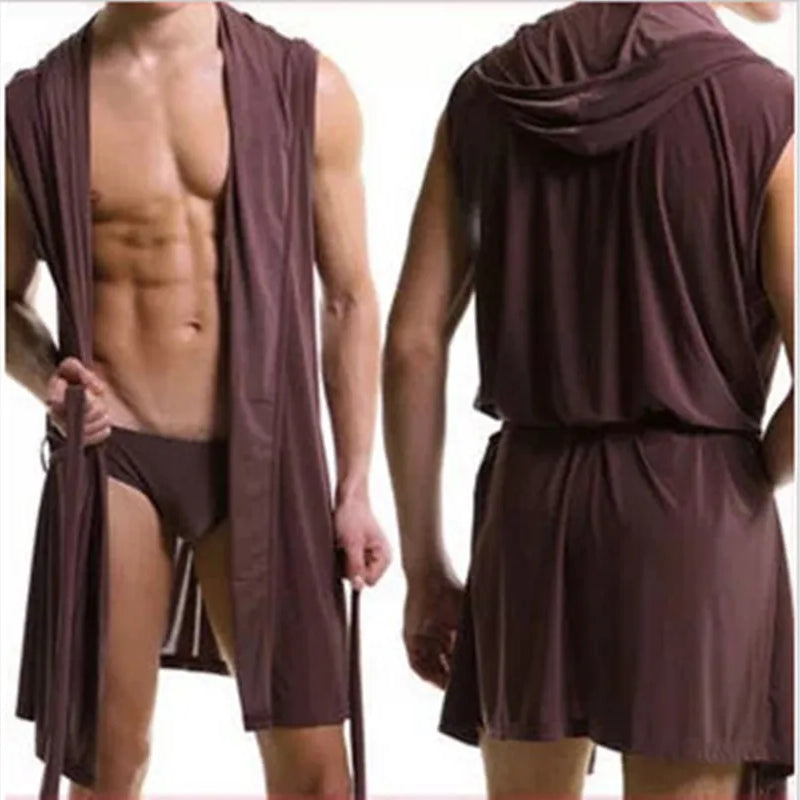 2026 Summer Men's Sexy Sleeveless Pajama Kimono Robe Fashion Loose Casual Hooded Bathrobes Cool Smooth Bath Robe Male Sleep Gown