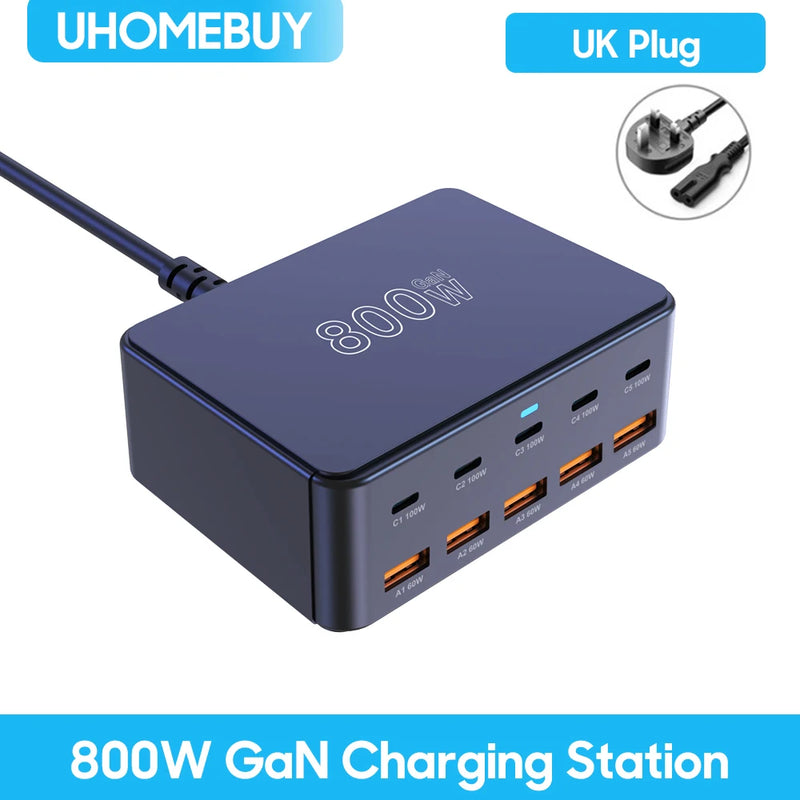 800W USB C GaN Charger 100W PD3.0 PPS QC3.0 10-Port Fast Charging Station for iPhone 16/15 Samsung MacBook Pro Laptops Tablets