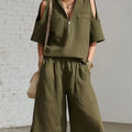 Women Fashion Zipper Stand Collar Hollow Short-sleeved Shirt Shorts 2-piece Set Summer Casual Loose Wide-leg Pocket Shorts Suit