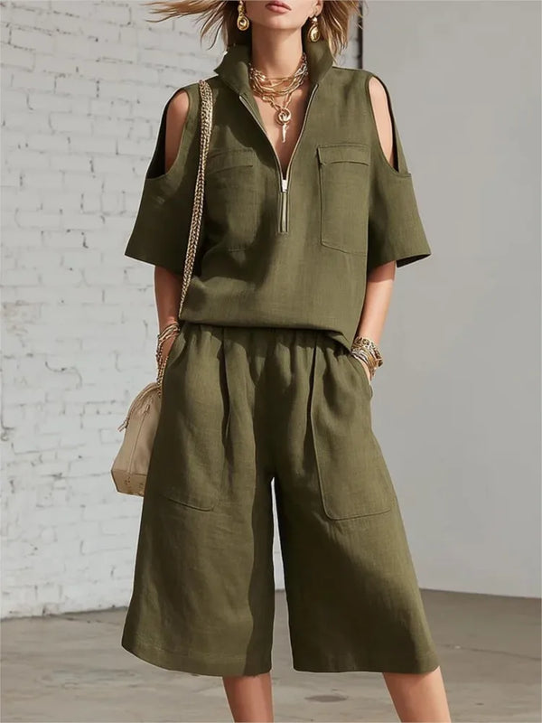 Women Fashion Zipper Stand Collar Hollow Short-sleeved Shirt Shorts 2-piece Set Summer Casual Loose Wide-leg Pocket Shorts Suit