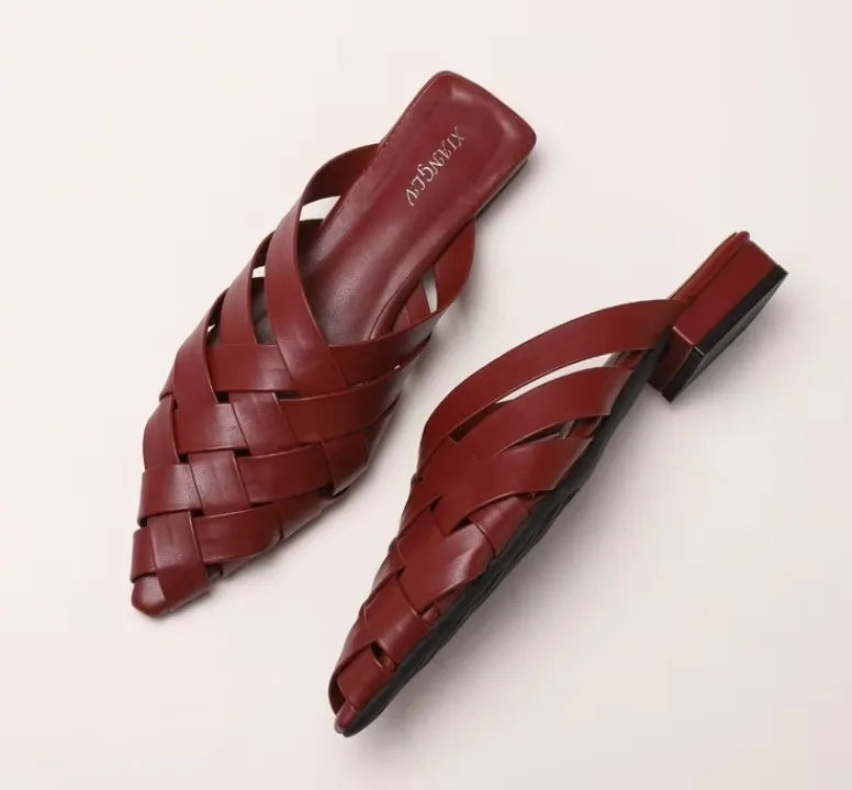 Woven Mules Outdoor Slippers Summer Beach Casual Slides Shoes Point Toe Low Heel Sandals Women Muller Zapatos Big Size 43 мюли 뮬