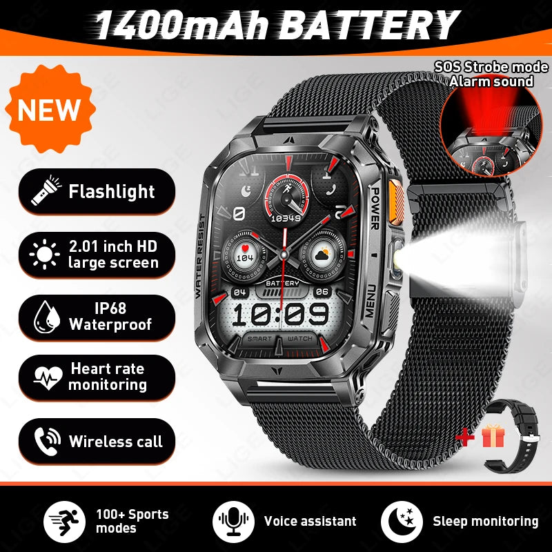 LIGE Militray 1400mAh Large Battery Smart Watch Men 2.01"HD Screen LED Flashlight & SOS Light BT Call Health Monitor Smartwatch