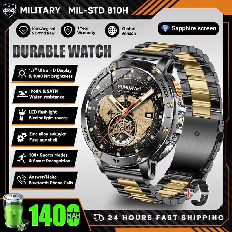 Military Grade Alloy Smartwatch 1400mAh Long Standby Waterproof SOS Emergency Flashlight BT Call Outdoor Sports Watch For Men