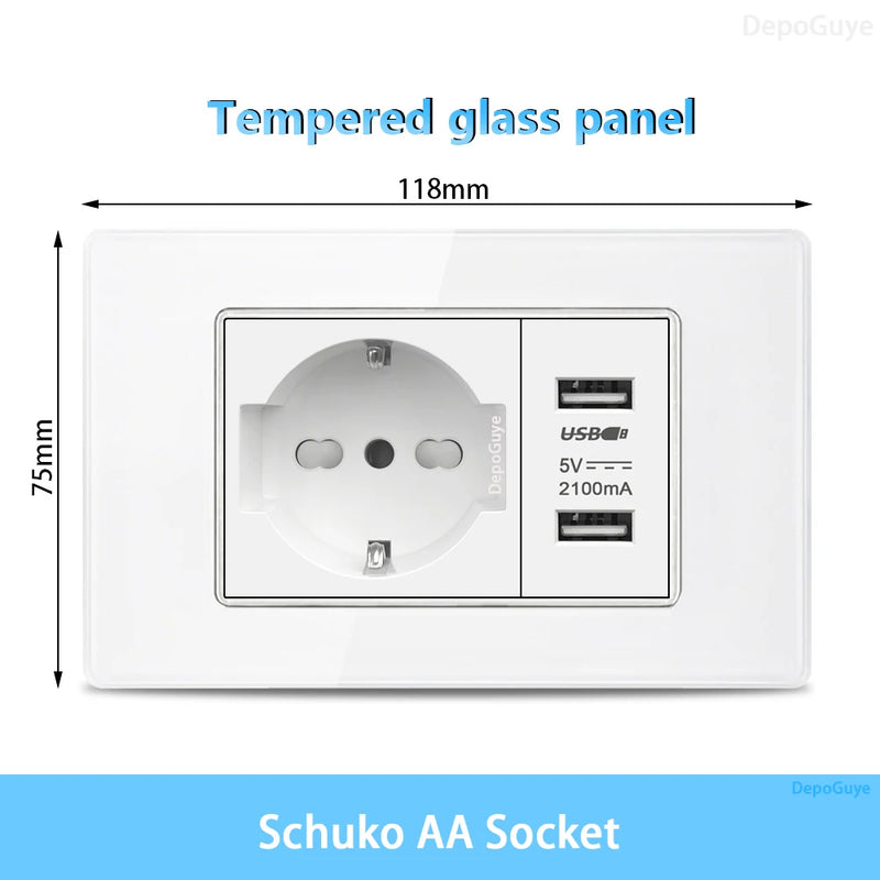White Tempered Glass Italy USB Type C Smart Fast Charging Wall Socket Plugs Schuko Light Switch Panel Chile TV Sat Computer CAT6