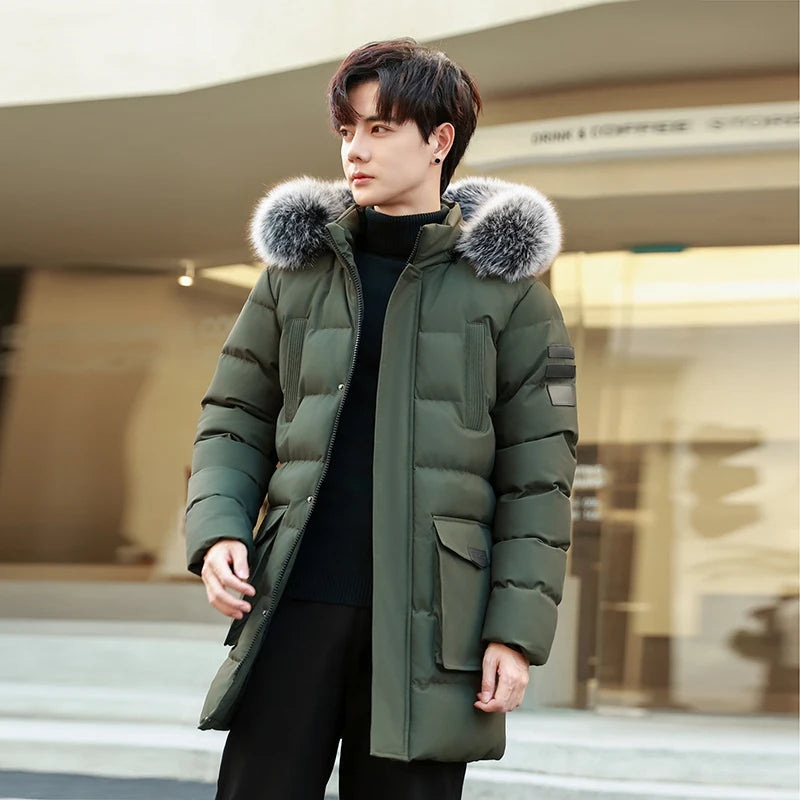 Men's Outdoor High-quality Windproof Breathable Thick Padded Down Winter Thick Windproof Warm with Hat Long Cotton Goose Down