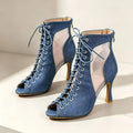 Adult Denim Latin Dance Shoes for Women Mesh Hollow Out Sandals Modern Jazz Boots Soft Sole Indoor Stage  Fish Mouth Ankle Boots