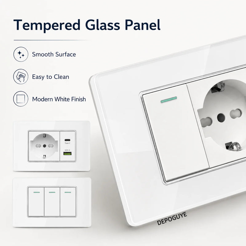 White Tempered Glass Italy USB Type C Smart Fast Charging Wall Socket Plugs Schuko Light Switch Panel Chile TV Sat Computer CAT6