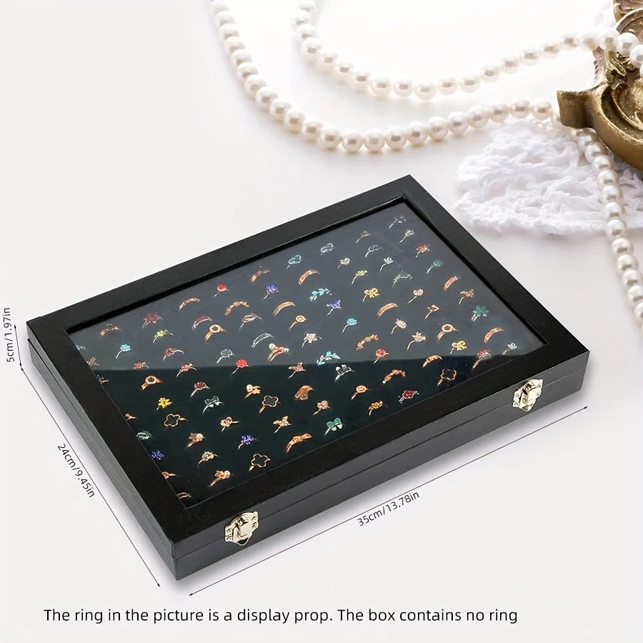 100 groove ring box box box box display box, ring holder storage box for jewelry display with glass cover