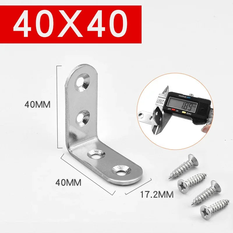 Corner Bracket Connector Brace (Stainless Steel) - 90 Angle Iron Joint Fastener for Furniture Cabinet Screens Shelf Support