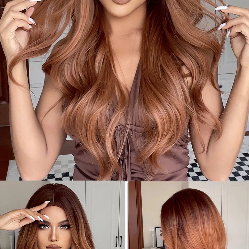 Red Brown Copper Ginger Long Wavy Synthetic Hair Wigs for Black Women Body Wave Ombre Wig Cosplay Natural Heat Resistant Wig