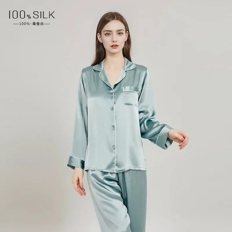 2025 Summer New Silk Pajamas Women's Long Sleeve Pants Lapel 100% Mulberry Silk Cool Home Clothes Set Pajamas Nightwear