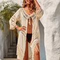 Boho Bikini Cover-up for Women Summer Hand-crochet Tassel Fringe Knitted Hollow-out V-neck Long Beach Robe