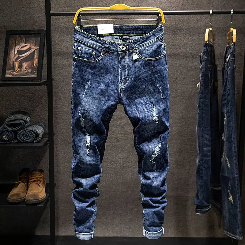 American Elastic Straight Jeans Men Ripped Worn-out | SAMAG