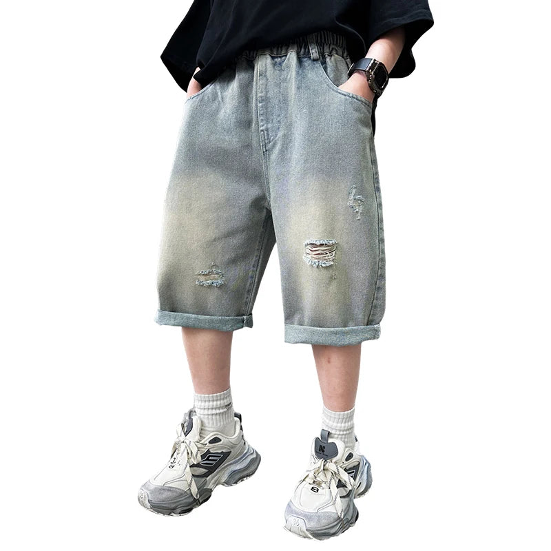 Kids Boys Graffiti Drawing Denim Shorts Elegant Children Casual Ripped Short Jeans Capris Pants 5 6 7 8 9 10 11 12 13 14 Year