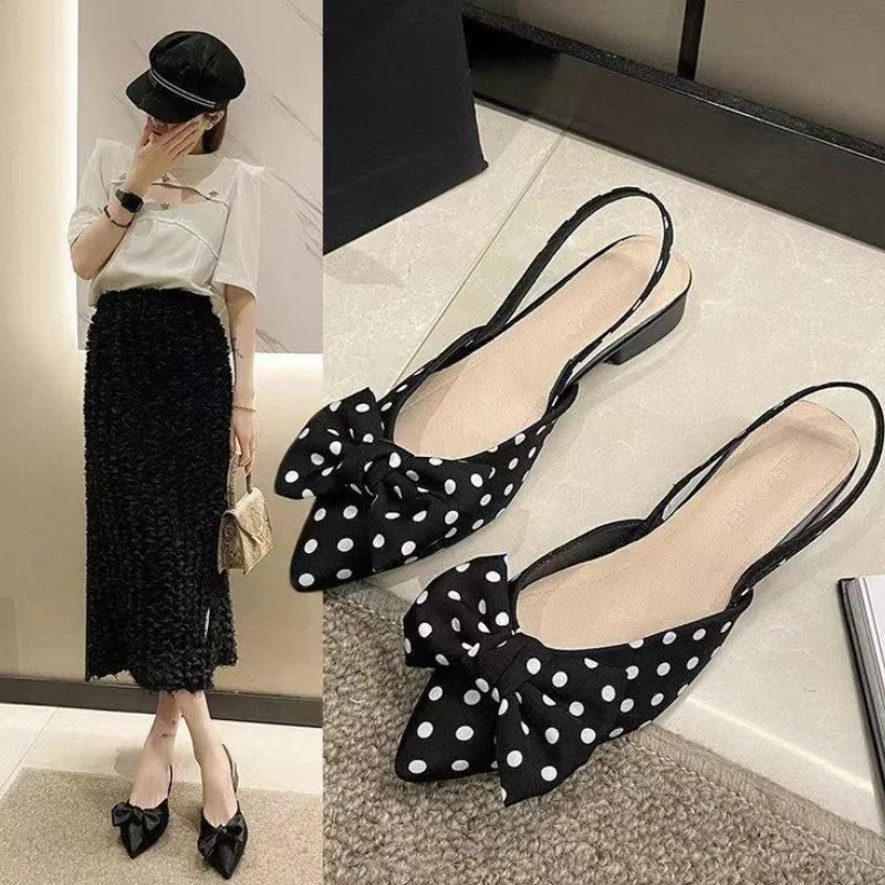 Women French Polka Dot Plaid Bow Slingback Sandals, Pointed Toe Thin Strap Flat Pumps, Vintage Daily Wear Mules