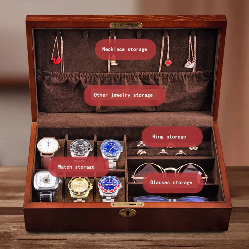 Multi-functional Wooden Men's Jewelry Box With Lock Watch And Sunglasses Box Organizer For Men Women Father's Day Gift