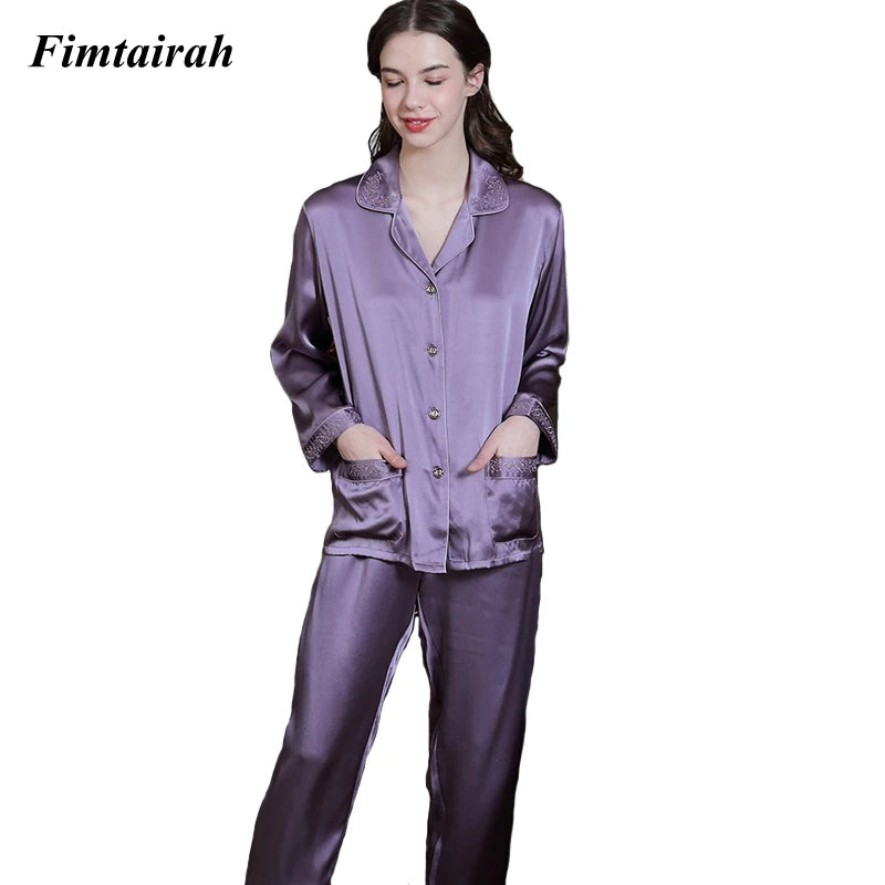 Fimtariah  6A 19MM Pijamas long-sleeved Home Suit  100% Silk Pajamas For Women     Real Silk Pajamas Set Female Summer