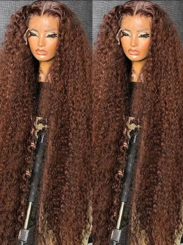 Chocolate Brown Deep Wave Frontal Wig Colored #4 Deep Curly Lace Front Human Hair Wigs Remy 13x4 HD Lace Frontal Wigs For Women
