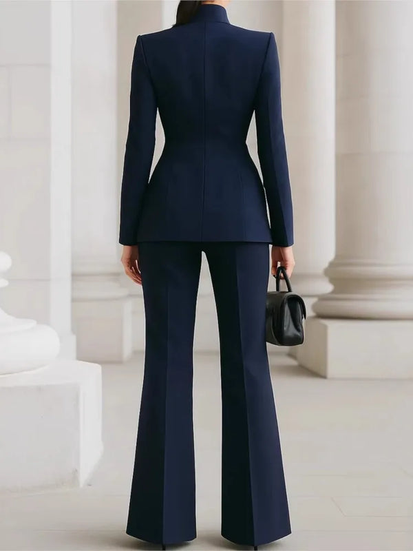 Elegant Women Solid Slim Two Piece Sets Spring Fashion Stand Collar Long Sleeved Blazer+Pants Suit Casual Work Office Coat Set