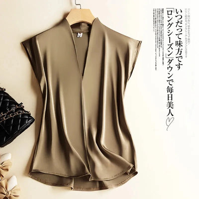 Coffee Silk Rayon V - Neck Pullover Sleeveless Casual Chic | SAMAG