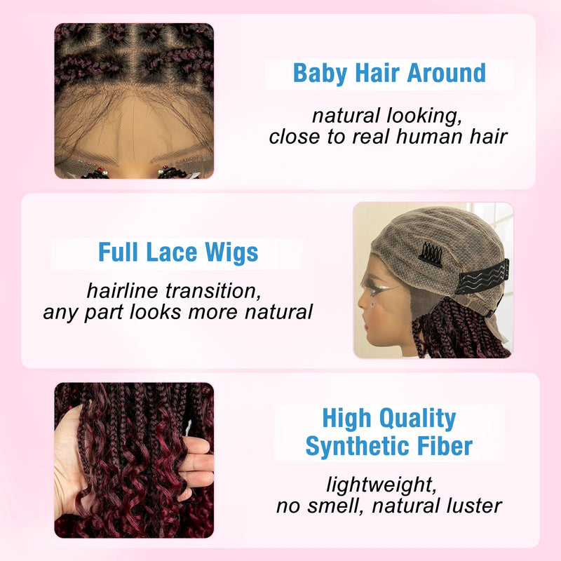 14 Inches Short Burgundy Box Braided Wigs Full Lace Synthetic Boho Braids Wig for Women Ombre Color Braided Wigs
