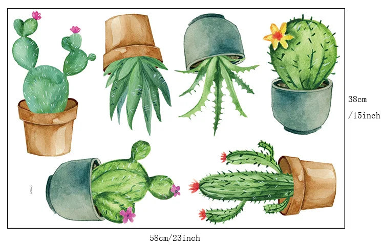 Green Garden Plant Cactus Potted Flower Pot Set 3D DIY Wall Decals/Adhesive Family Wall Sticker Mural Art Bathroom stairs Decor