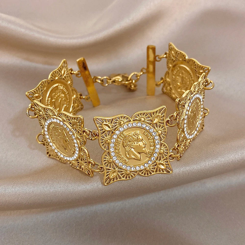 Vintage Gold Plated Stainless Steel Coins Wrist Bracelet for Women Men Classic Ethnic Cuff Bracelets Waterproof Jewelry