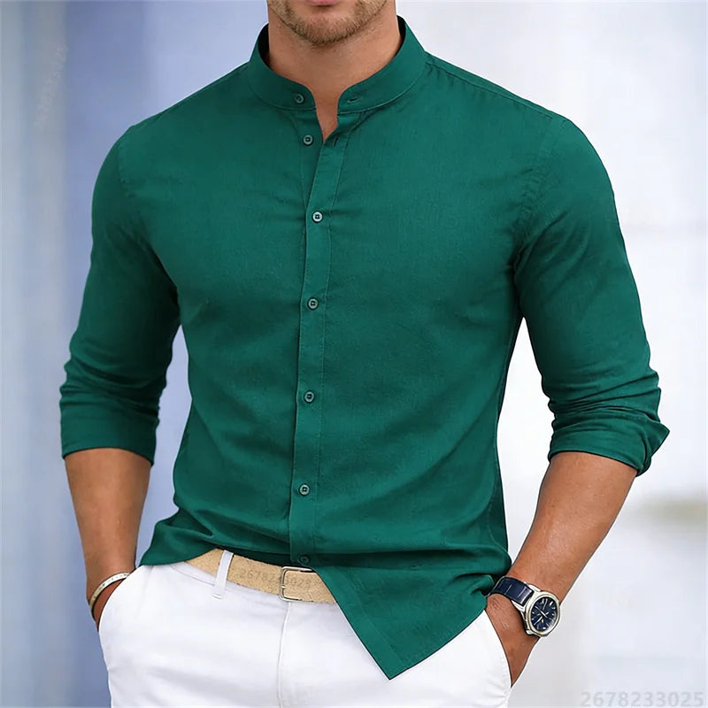 Men's stand-up collar white or black long-sleeved shirt | SAMAG