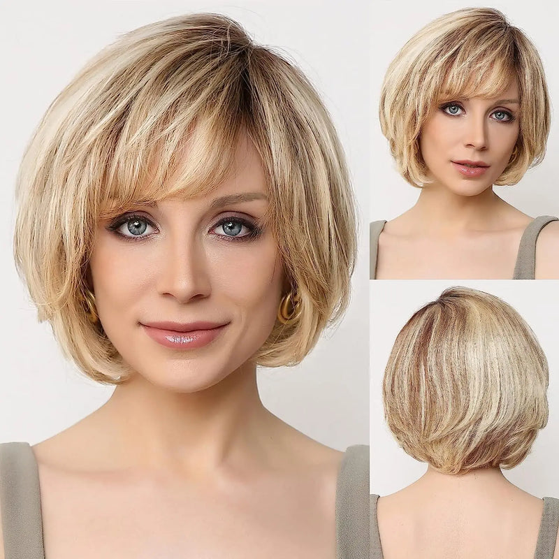 Short Straight Blonde Brown Lace Front Human Hair Wigs with Bangs for Women 100% Remy Human Hairs Bob Natural Wavy Layered Wigs