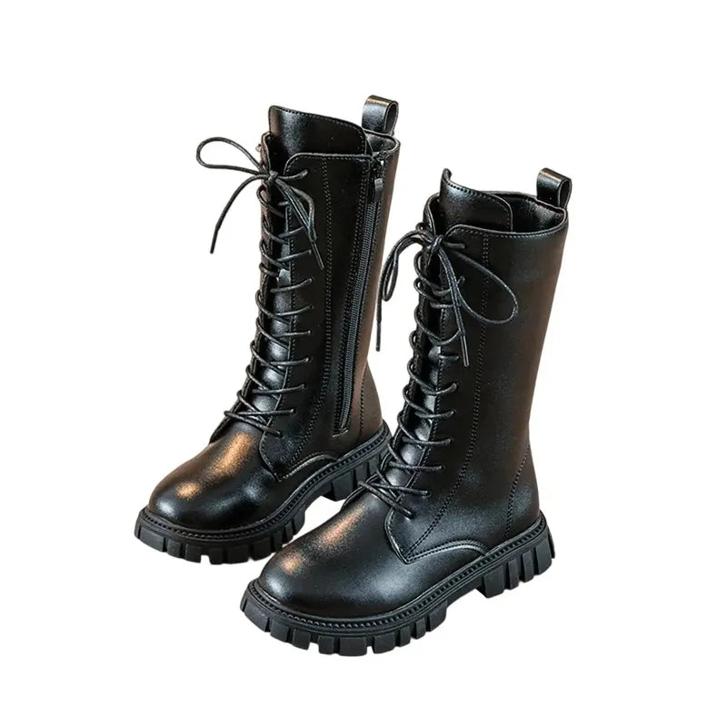 Girls White Lace-Up Boots Booties Side Zipper Soft Bottom Leather Dress/School Riding Boot Kids Autumn/Winter Fashion Mid Boots
