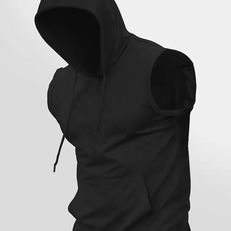 Men's Summer Solid - Color Black Hooded Drawstring Vest with a Simple and Casual Style This Vest Is a Perfect Choice for Men in
