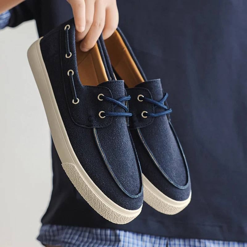 Men's Casual Loafers Shoes Fashion Thick Sole Suede Leather Boat Shoes Non-Slip Breathable Comfortable Slip-On Sneakers for Men