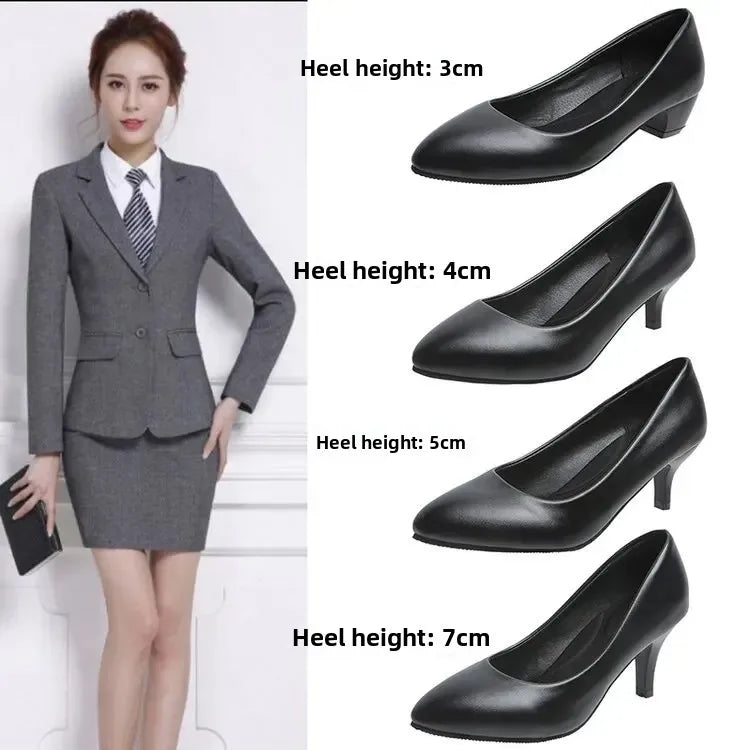 2023 New Women's High Heels Pointed Toe Professional Versatile Work Shoes Black Leather Single Shoes Polyurethane Sole