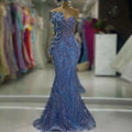 Blue Long 5D Leaf Wedding Party Dress Long Mermaid Formal Prom Dresses Customized Elegant Aso Ebi Pageant Evening Night Dresses