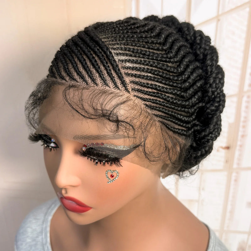 Short Full Lace Braiding Wig Synthetic Cornrow Knotless Box Braided Wigs Natural African Bantu Braids Wig for Black Women