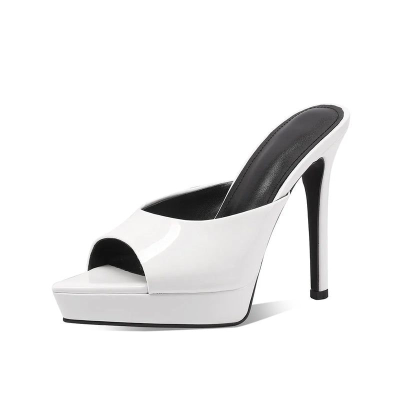 Arden Furtado Women's Patent Leather Pointed Toe Platform Super High Heel Summer Mules Slip On Fashion Slippers