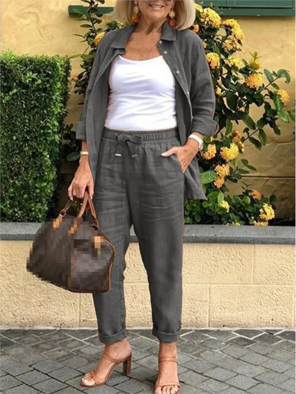 2025 Autumn Spring Casual Suit Women Cotton Linen 2 Piece Set Solid Color Loose Button Shirt + Pants Sets Daily Women's Clothing