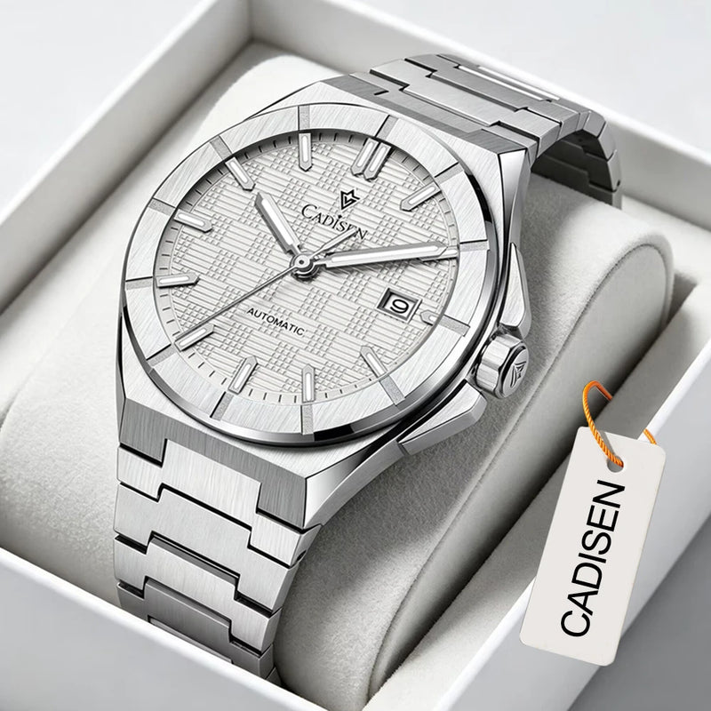 CADISEN Watch Business Automatic Watches Mens Japan 8215 Mechanical Luminous AR Sapphire 100M Waterproof Calendar WristWatch+Box