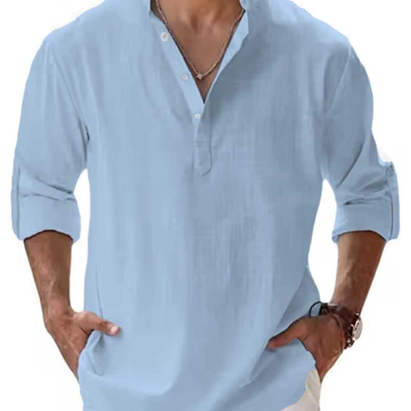Men's Cotton Linen Henley Shirt Casual Long Sleeve Loose | SAMAG