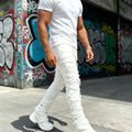 HME Men's White Denim Pants, Stacked Ripped Slim Flared | SAMAG