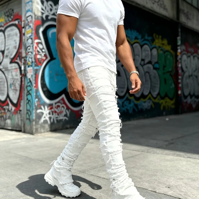 HME Men's White Denim Pants, Stacked Ripped Slim Flared | SAMAG