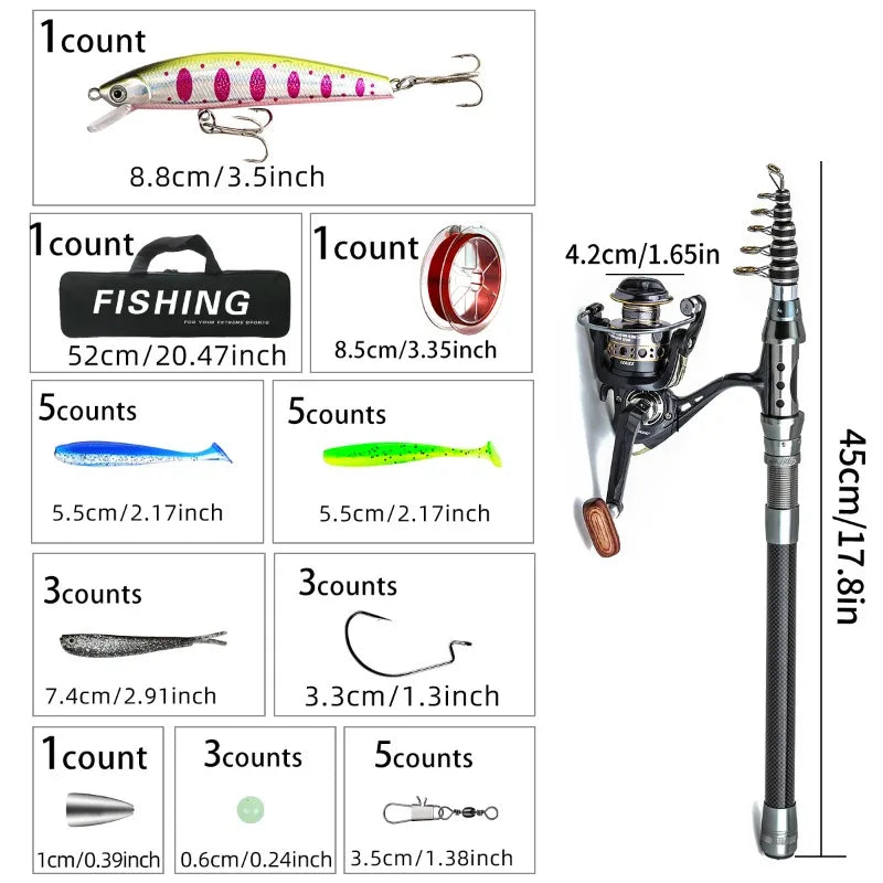 Telescopic Fishing Rod Reel Combo Full Set Portable 1.8m 2.1m 2.4m 2.7m 3m Long Cast Spinning Reel Simulation Lures For Saltwate