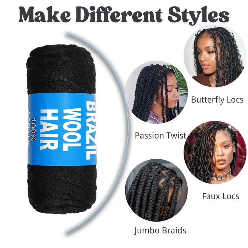 1pcs Brazilian Wool Hair Synthetic Crochet Hair Extensions for Women African Hair Yarn for Natural Black, Jumbo Braids