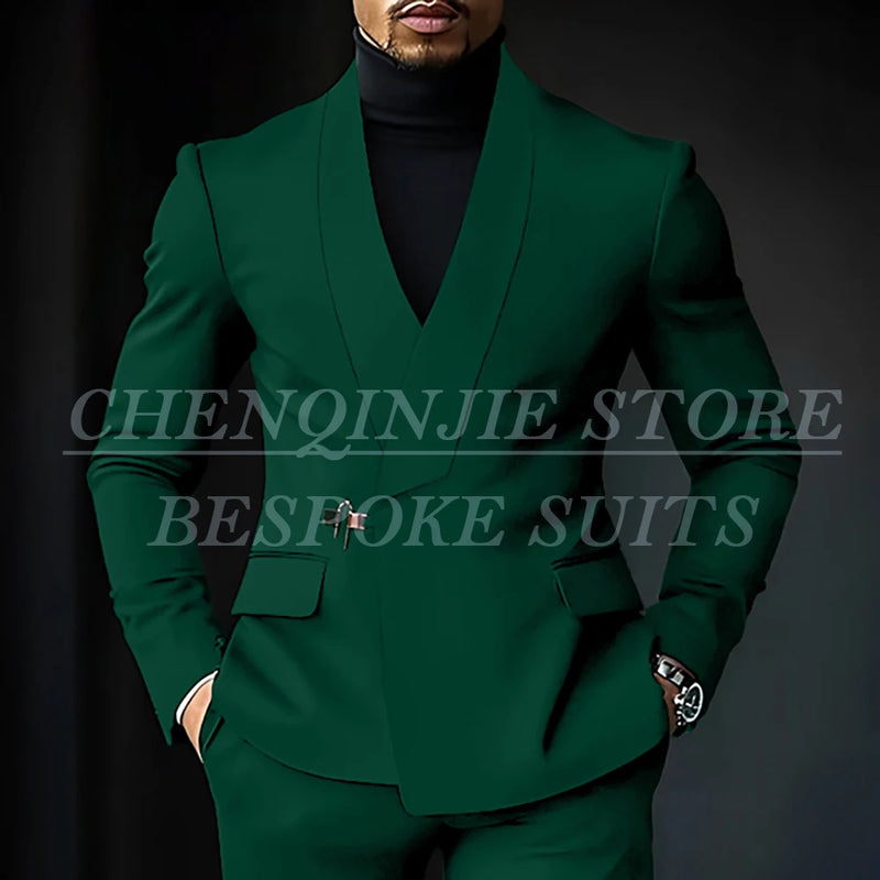 Chic Shawl Lapel Green Suits for Men High Quality Slim Fit Wedding Costume Homme Customized 2 Piece Jacket Pants Outfits Terno