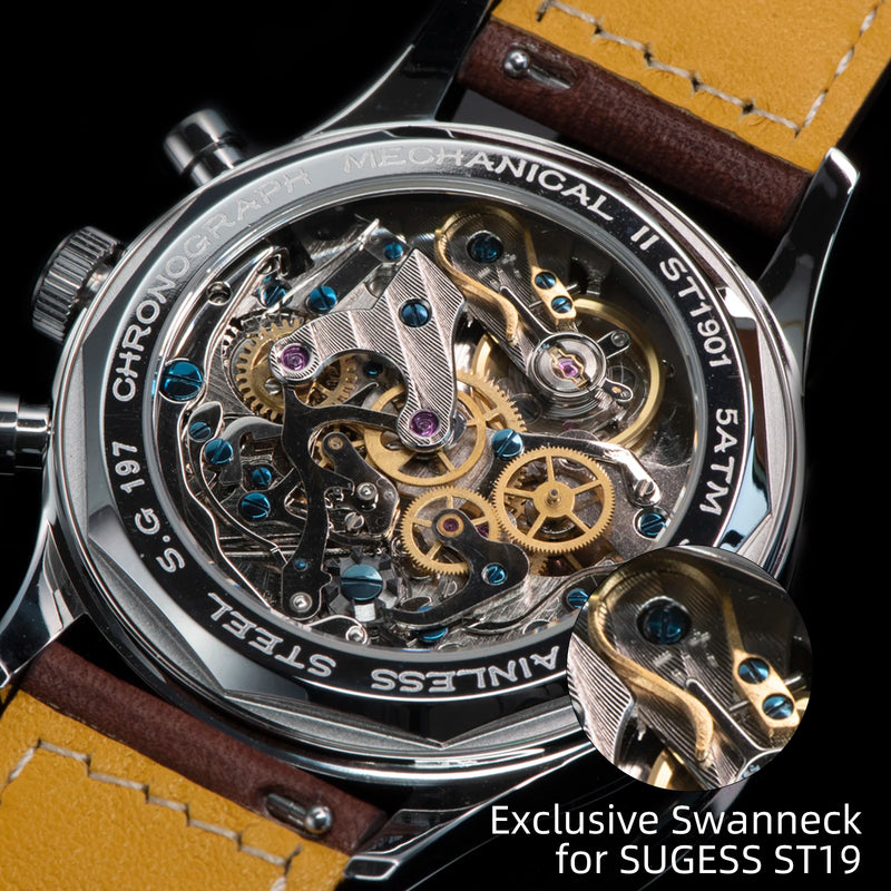 Sugess Pilot Watch with Seagull Movement Swanneck Wristwatch Mechanical Chronograph Sappire Crystal Military Limited Racing 1963