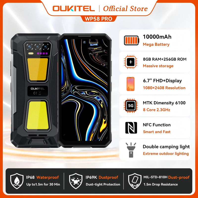 OUKITEL WP58 PRO 5G Rugged Phone 24GB(8+16) RAM + 512 ROM, 6.7'' HD 10000mAh 33W Android 15 NFC Cellphone with Dual Camping Lamp