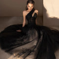 Oine Black One-Shoulder Lace Tulle Evening Dresses | SAMAG
